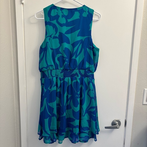 NINE WEST Dress Blue & Green Tropical V-Neck Lined Sleeveless Flirty Summer Sz L - Picture 3 of 8